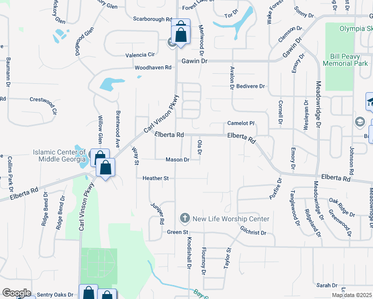 map of restaurants, bars, coffee shops, grocery stores, and more near 2204 Elberta Road in Warner Robins