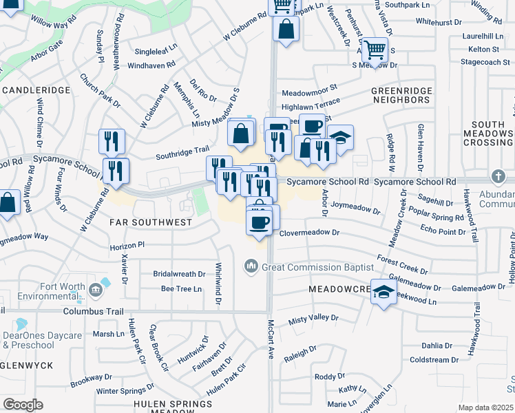 map of restaurants, bars, coffee shops, grocery stores, and more near 3525 Sycamore School Rd in Fort Worth