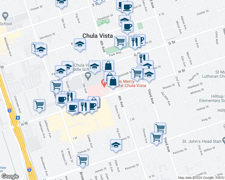 map of restaurants, bars, coffee shops, grocery stores, and more near 490 4th Avenue in Chula Vista