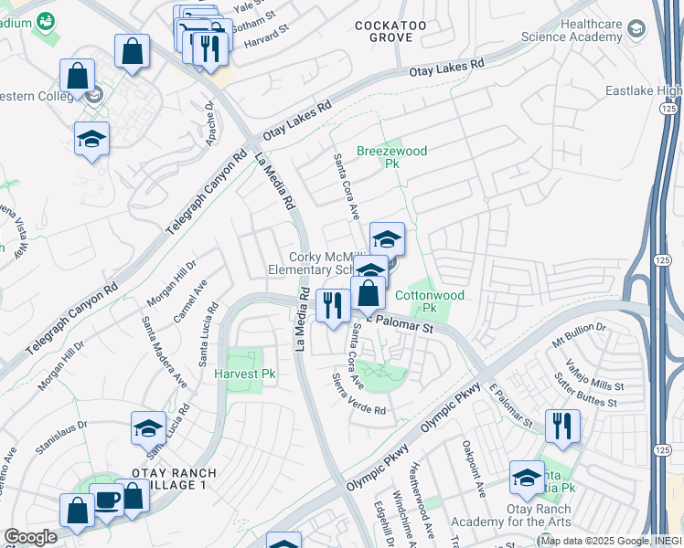 map of restaurants, bars, coffee shops, grocery stores, and more near Via Capri Street in Chula Vista