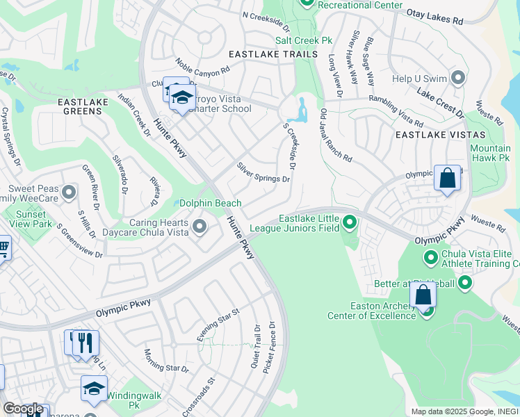 map of restaurants, bars, coffee shops, grocery stores, and more near 1452 South Creekside Drive in Chula Vista