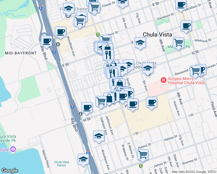 map of restaurants, bars, coffee shops, grocery stores, and more near 610 G Street in Chula Vista