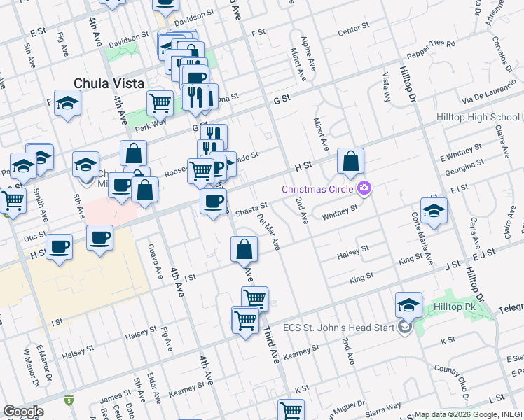 map of restaurants, bars, coffee shops, grocery stores, and more near 257 Shasta Street in Chula Vista