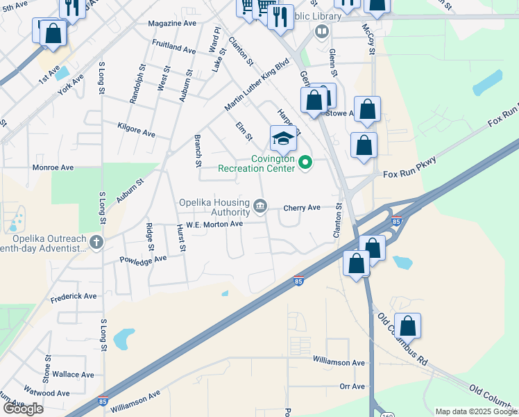 map of restaurants, bars, coffee shops, grocery stores, and more near 1702 Toomer Street in Opelika