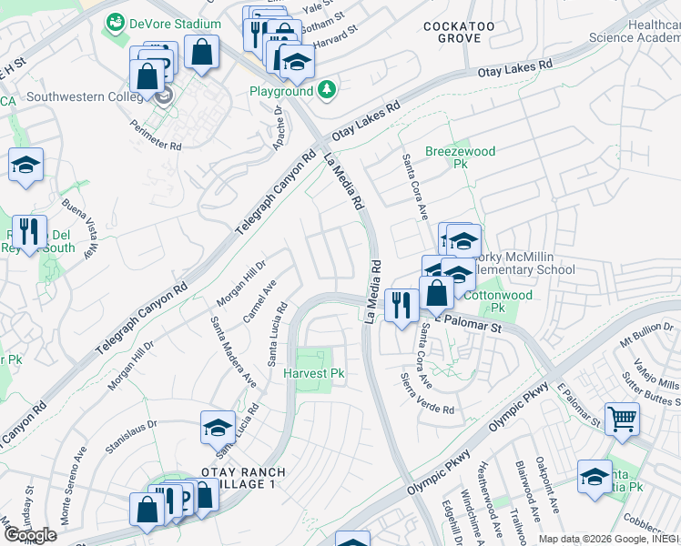 map of restaurants, bars, coffee shops, grocery stores, and more near 1151 Santa Delphina Avenue in Chula Vista