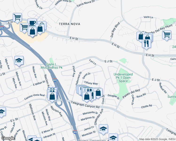 map of restaurants, bars, coffee shops, grocery stores, and more near 819 Halecrest Drive in Chula Vista