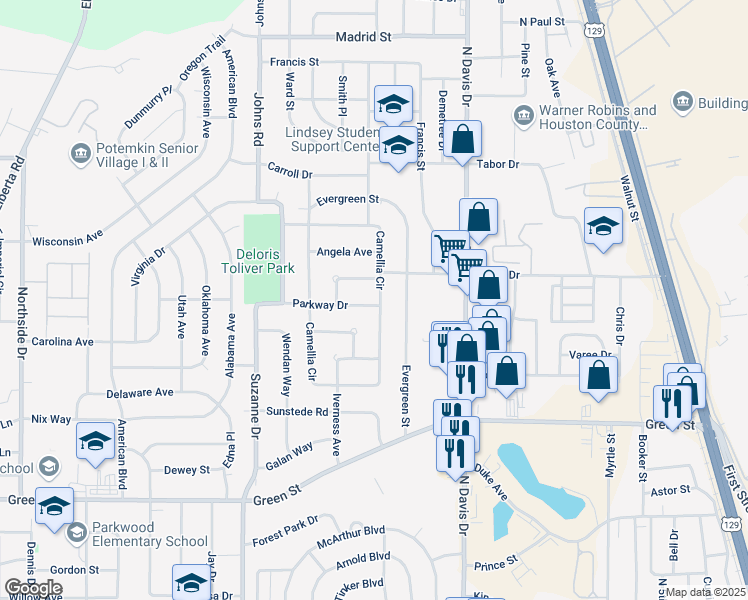 map of restaurants, bars, coffee shops, grocery stores, and more near 106 Camellia Circle in Warner Robins