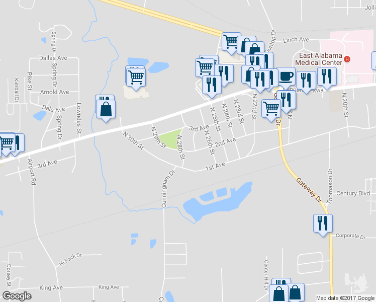 map of restaurants, bars, coffee shops, grocery stores, and more near 2798 2nd Avenue in Opelika