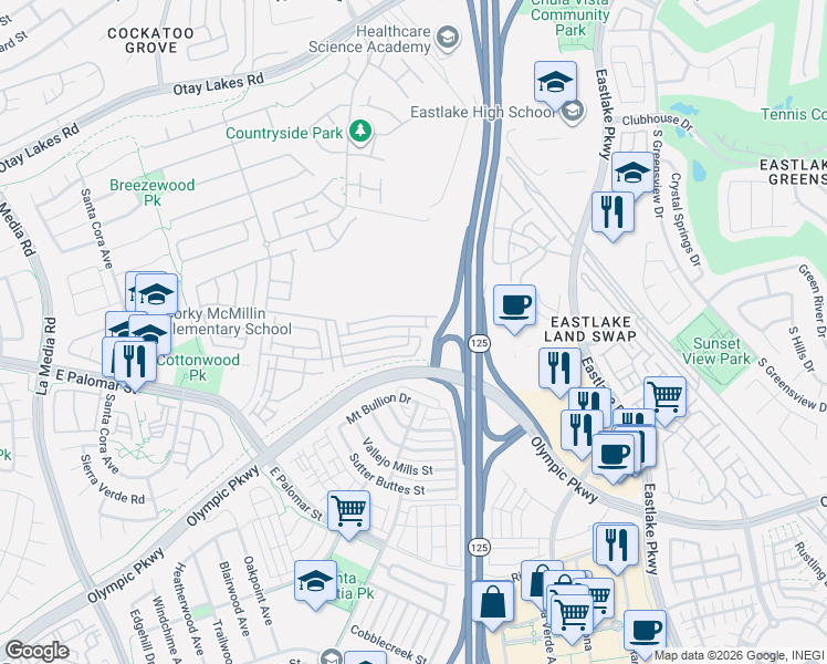 map of restaurants, bars, coffee shops, grocery stores, and more near 2018 Parker Mountain Road in Chula Vista