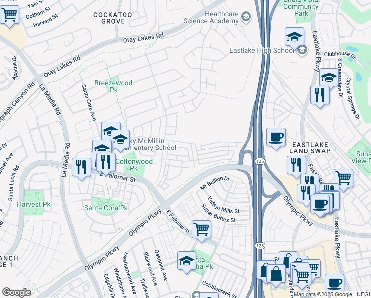 map of restaurants, bars, coffee shops, grocery stores, and more near 1896 Miner Creek Lane in Chula Vista