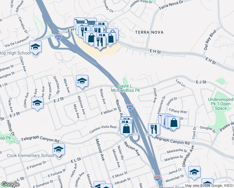 map of restaurants, bars, coffee shops, grocery stores, and more near 737 Nacion Avenue in Chula Vista