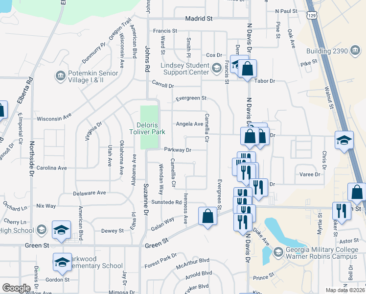 map of restaurants, bars, coffee shops, grocery stores, and more near 114 Parkway Drive in Warner Robins