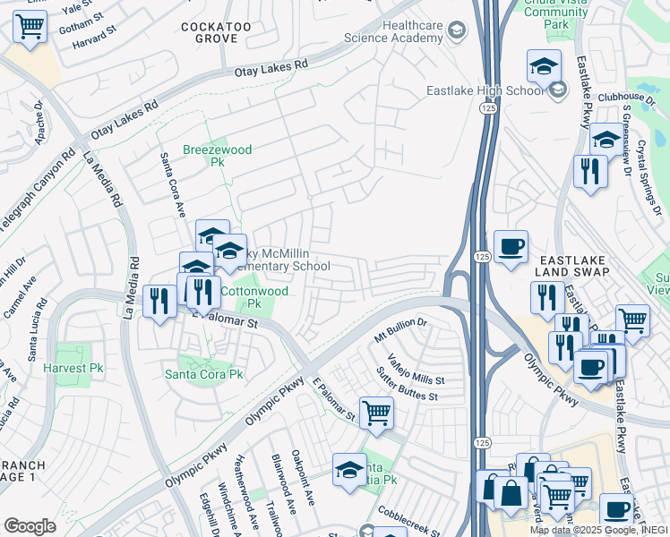 map of restaurants, bars, coffee shops, grocery stores, and more near 1897 Miner Creek Lane in Chula Vista