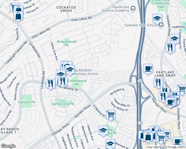 map of restaurants, bars, coffee shops, grocery stores, and more near 1865 Miner Creek Lane in Chula Vista