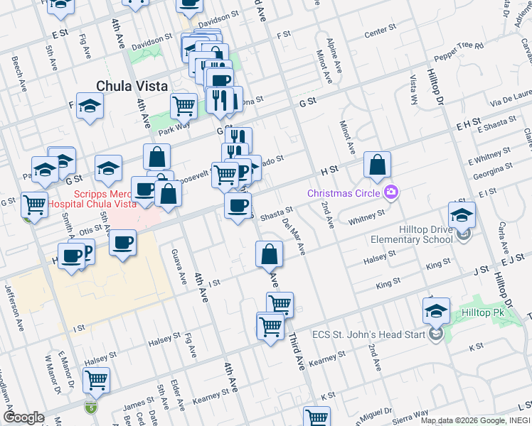 map of restaurants, bars, coffee shops, grocery stores, and more near in Chula Vista