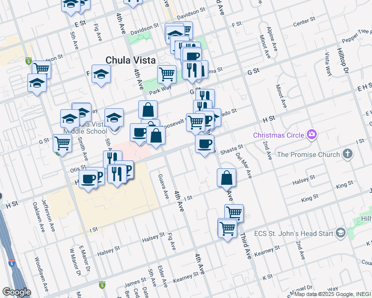 map of restaurants, bars, coffee shops, grocery stores, and more near 355 H Street in Chula Vista