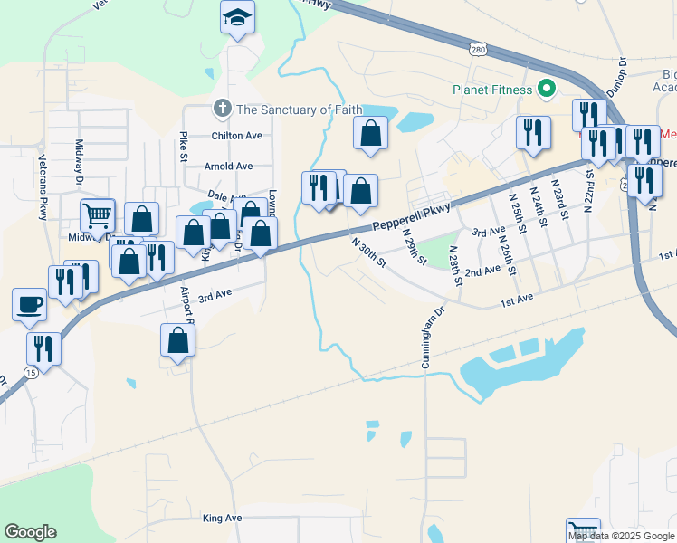 map of restaurants, bars, coffee shops, grocery stores, and more near 300-398 North 30th Street in Opelika