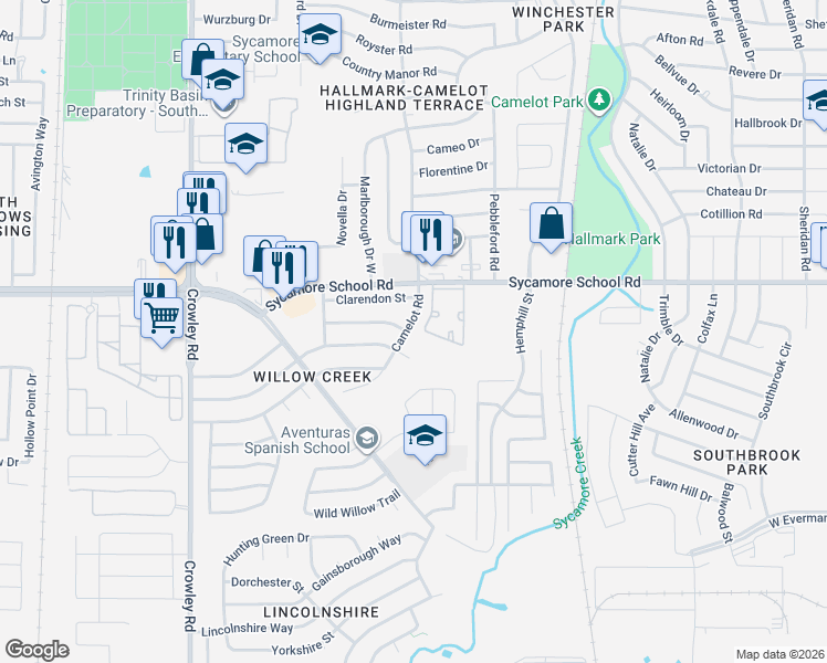 map of restaurants, bars, coffee shops, grocery stores, and more near 7925 Camelot Road in Fort Worth