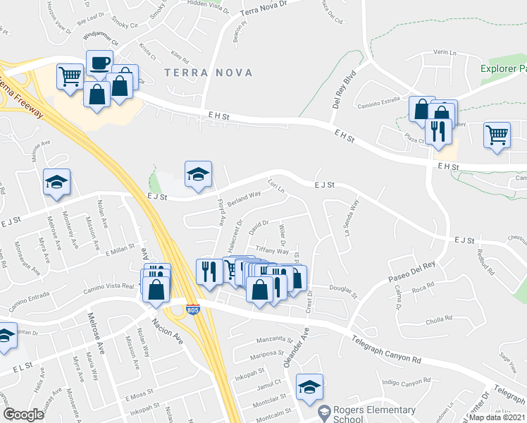 map of restaurants, bars, coffee shops, grocery stores, and more near 819 Halecrest Drive in Chula Vista