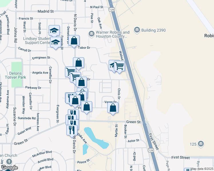 map of restaurants, bars, coffee shops, grocery stores, and more near 120 Ignico Drive in Warner Robins