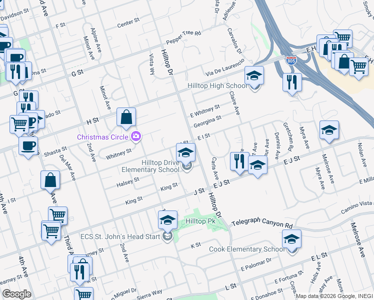 map of restaurants, bars, coffee shops, grocery stores, and more near 613 Vista Way in Chula Vista