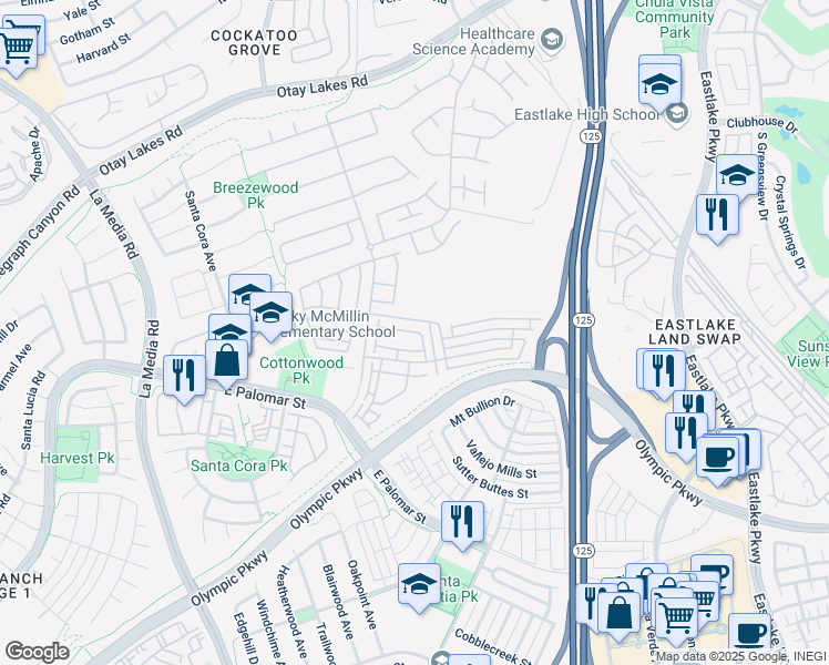 map of restaurants, bars, coffee shops, grocery stores, and more near 1897 Miner Creek Lane in Chula Vista