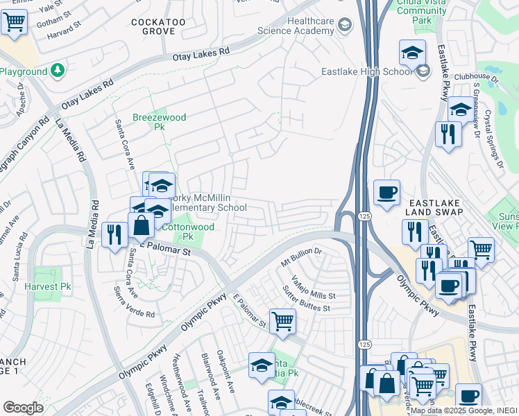 map of restaurants, bars, coffee shops, grocery stores, and more near 1897 Miner Creek Lane in Chula Vista