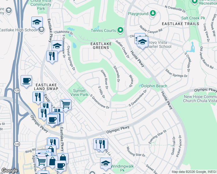 map of restaurants, bars, coffee shops, grocery stores, and more near 2389 Green River Drive in Chula Vista