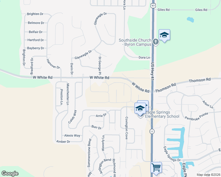 map of restaurants, bars, coffee shops, grocery stores, and more near 302 Appling Way in Byron