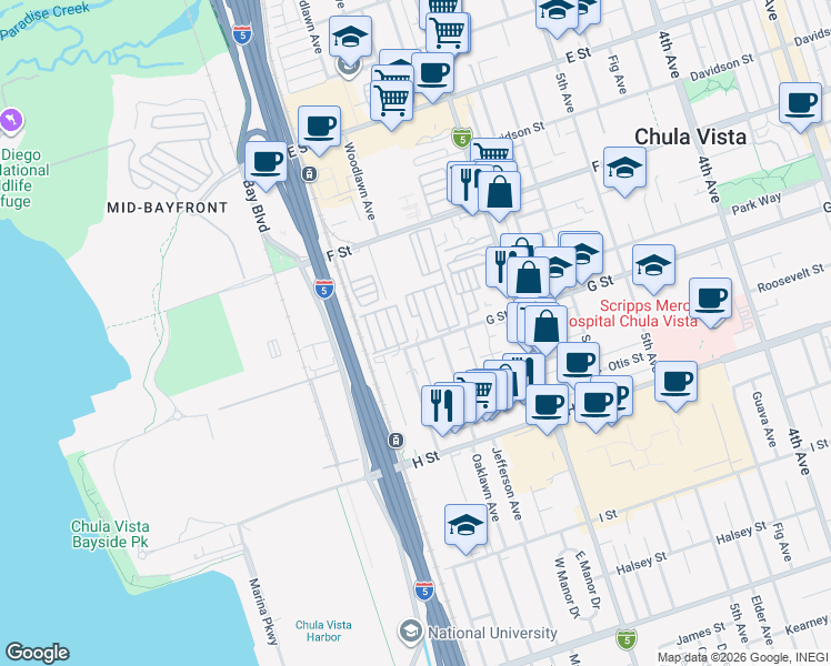 map of restaurants, bars, coffee shops, grocery stores, and more near 691 G Street in Chula Vista