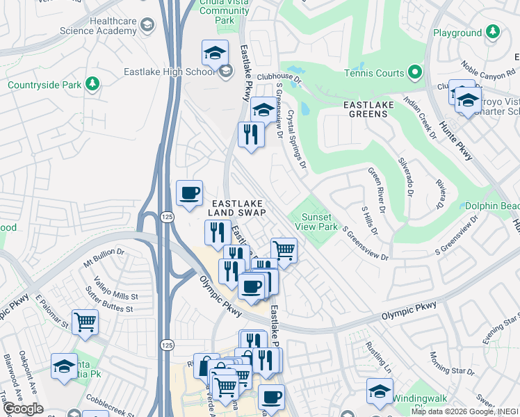 map of restaurants, bars, coffee shops, grocery stores, and more near 2175 Caminito Leonzio in Chula Vista
