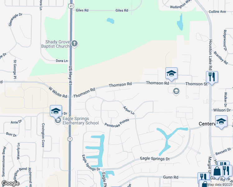 map of restaurants, bars, coffee shops, grocery stores, and more near 107 Cashmere Court in Centerville