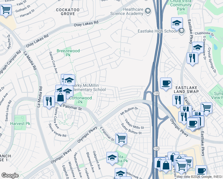 map of restaurants, bars, coffee shops, grocery stores, and more near 1897 Miner Creek Lane in Chula Vista