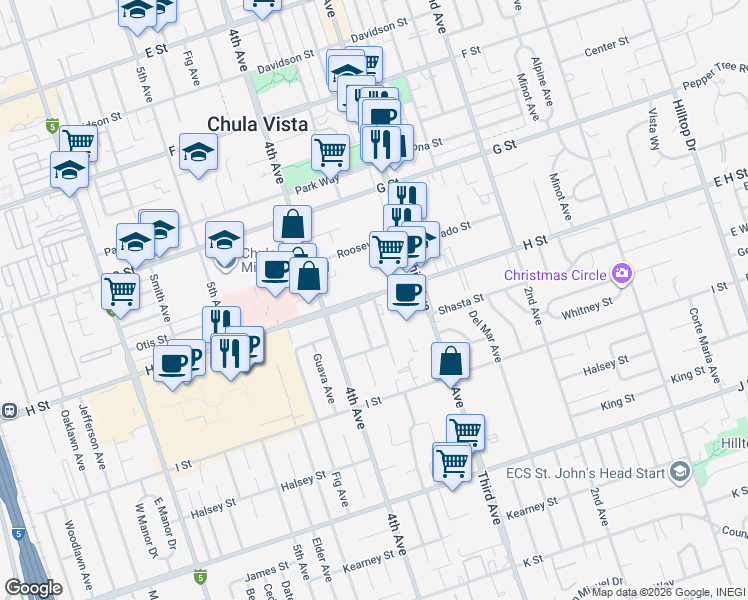 map of restaurants, bars, coffee shops, grocery stores, and more near 355 H Street in Chula Vista
