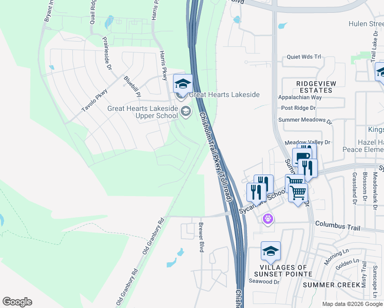 map of restaurants, bars, coffee shops, grocery stores, and more near Chisholm Trail Parkway in Fort Worth