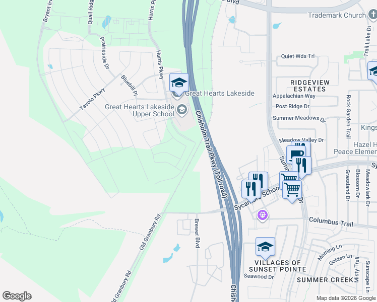 map of restaurants, bars, coffee shops, grocery stores, and more near Chisholm Trail Parkway in Fort Worth