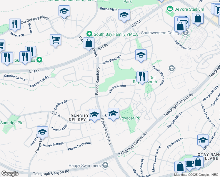 map of restaurants, bars, coffee shops, grocery stores, and more near 1209 Via Escalante in Chula Vista