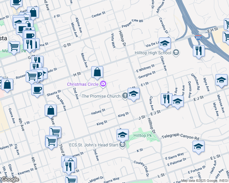 map of restaurants, bars, coffee shops, grocery stores, and more near 83-2 I Street in Chula Vista