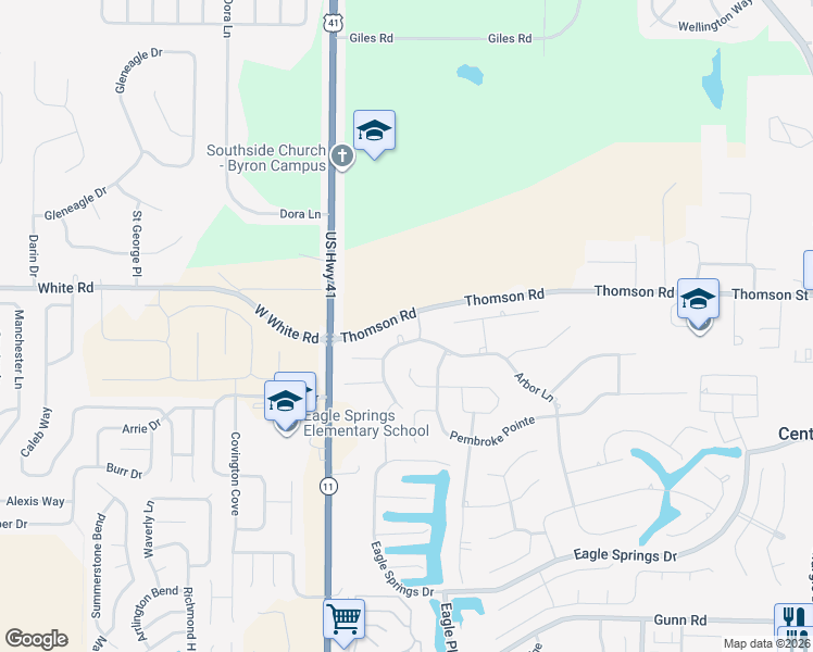 map of restaurants, bars, coffee shops, grocery stores, and more near 104 Village Walk in Centerville