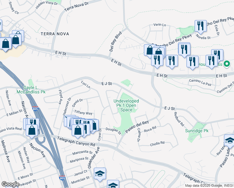 map of restaurants, bars, coffee shops, grocery stores, and more near 664 Via Curvada in Chula Vista