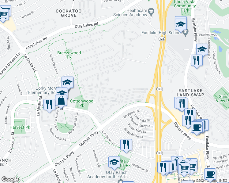 map of restaurants, bars, coffee shops, grocery stores, and more near 1897 Miner Creek Lane in Chula Vista