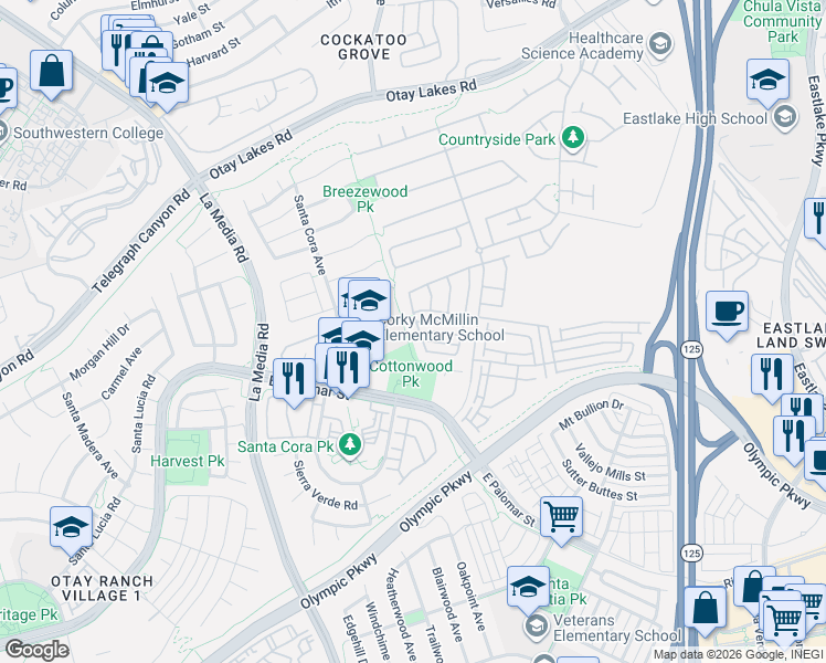 map of restaurants, bars, coffee shops, grocery stores, and more near 1300 Battle Creek Road in Chula Vista