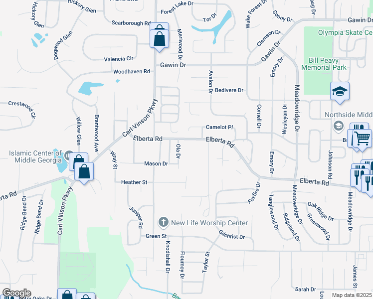 map of restaurants, bars, coffee shops, grocery stores, and more near 2110 Elberta Road in Warner Robins
