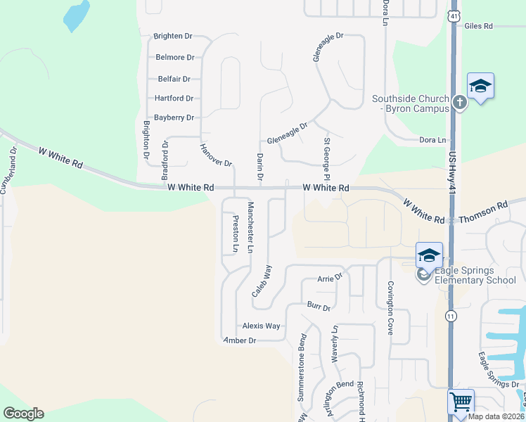 map of restaurants, bars, coffee shops, grocery stores, and more near 115 Manchester Lane in Byron