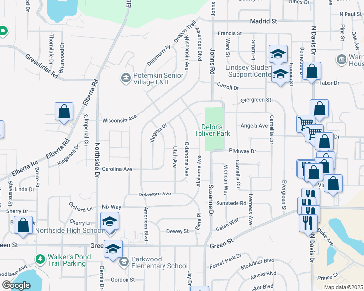 map of restaurants, bars, coffee shops, grocery stores, and more near 202 Dakota Place in Warner Robins