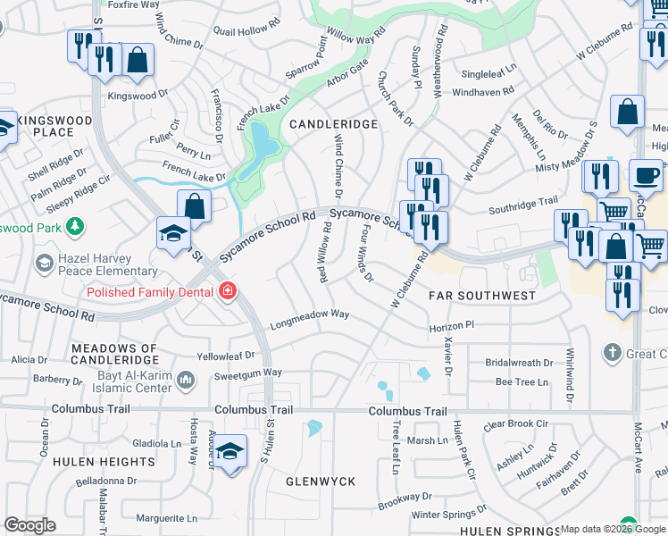 map of restaurants, bars, coffee shops, grocery stores, and more near 7621 Nutwood Place in Fort Worth