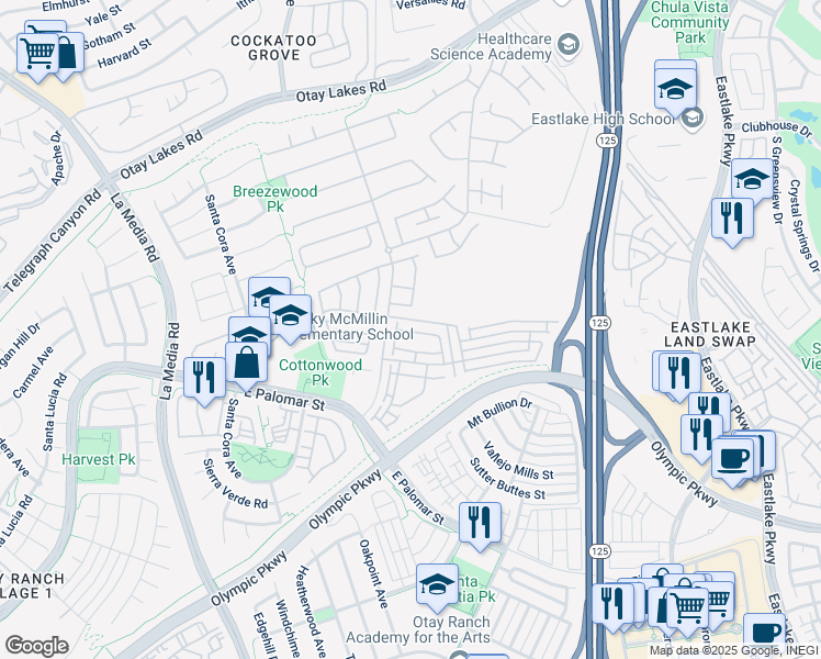 map of restaurants, bars, coffee shops, grocery stores, and more near 1865 Miner Creek Lane in Chula Vista
