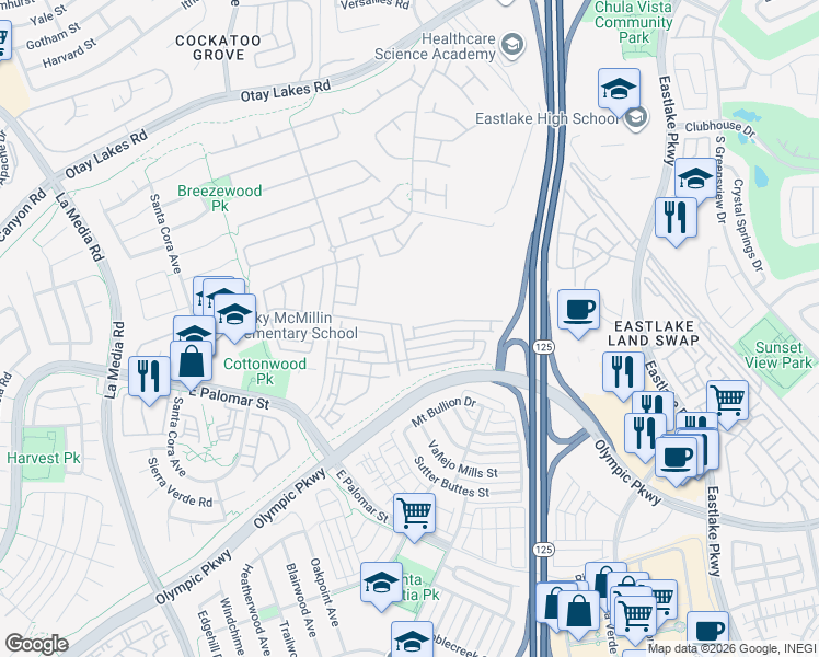 map of restaurants, bars, coffee shops, grocery stores, and more near 1251 Jamestown Drive in Chula Vista