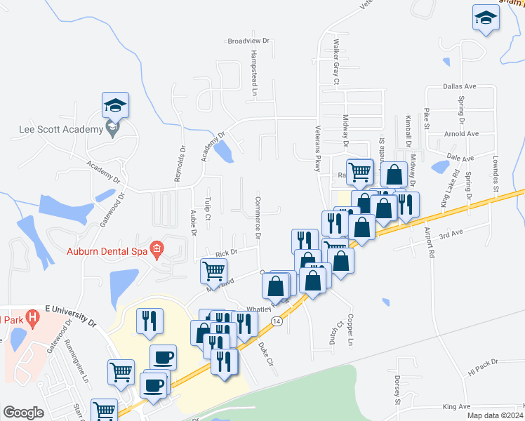 map of restaurants, bars, coffee shops, grocery stores, and more near 324 Sparkman Drive in Auburn