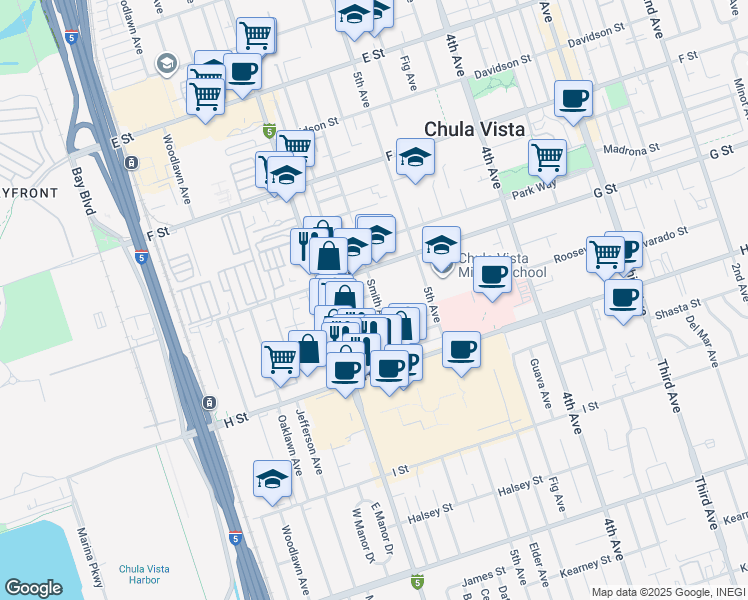 map of restaurants, bars, coffee shops, grocery stores, and more near 426 Smith Avenue in Chula Vista